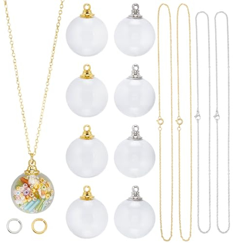 SUNNYCLUE 1 Box DIY 4 Sets Fläschchen Halskette Große Menge Runde Glasflaschen Halskette Runde Form Durchsichtig Leeres Fläschchen Glasbehälter Anhänger Mit Schraubverschlüssen Und Ketten Für Schmuckh