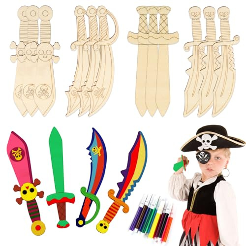Tikplus 12 Stück Piratenschwerter aus Holz, Holzschwert Kinder mit 12 Stück Aquarellstift, Selbst Kreatives Piratensäbel zum Bemalen Holzbastelset für Jungen Mädchen DIY Malen Karneval Deko
