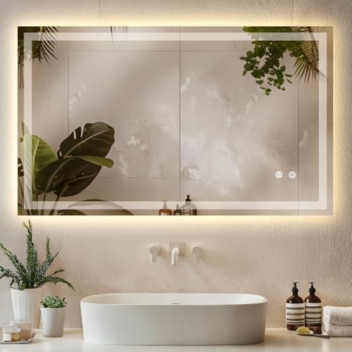 tectake® Badezimmerspiegel mit Beleuchtung, Badspiegel, 3 Lichtfarben, LED Spiegel dimmbar, Badezimmer Spiegel mit Touch, Memory Funktion, beschlagfrei, vertikale + horizontale Montage - 60 x 100 cm