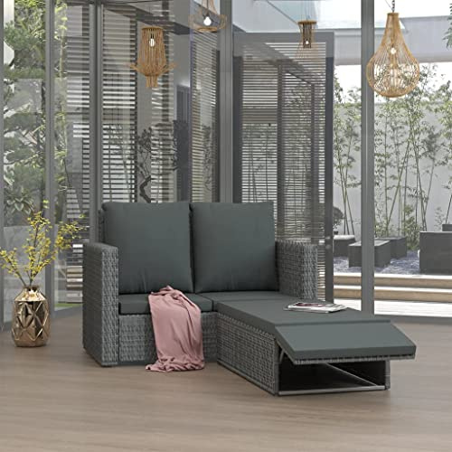 Teenpull 2-TLG. Garten-Lounge-Set, Poly Rattan Grau, Outdoor Sofa mit ausziehbarem Hocker, Bequeme Kissen, wasserabweisend