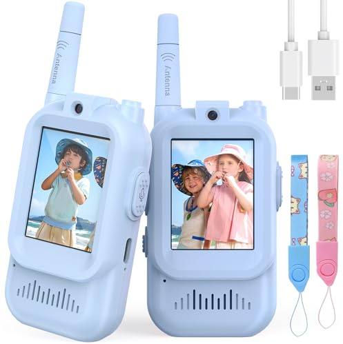 Video Walkie Talkie Kinder, 2er Set Walky Talky Aufladbar mit Display, 2-Way Radio Funkgeräte Große Reichweite, Weihnachten Geburtstag Geschenke Spielzeug für Jungen und Mädchen von 3-12 Jahren-Blau