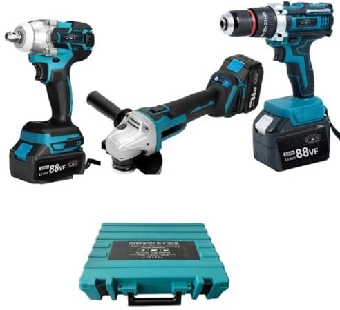 Kit Completo Professionale 3 in 1 con Trapano Avvitatore a Batteria, Smerigliatrice Angolare a Batteria, Trapano ad Impulsi Svita Bulloni 88v
