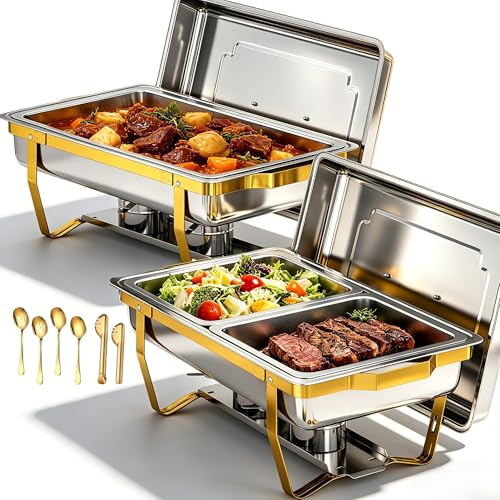 EffiQ-Rate 2Pcs Gold Chafing Dish Set 9QT Large Capacity Buffet Server Set | Stainless Steel, Complete Set with Utensils, Foldable, Stackable, Keep Warm & Fresh, for Parties, Weddings, Catering Events
