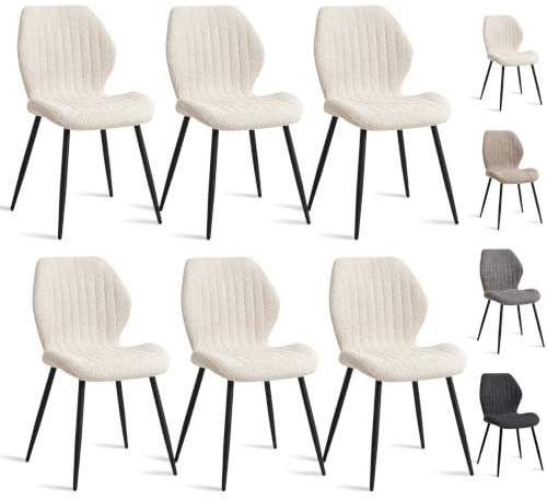 JZGORC Lot de 6 Chaise de Salle à Manger, Chaise de Cuisine en Lin, avec Pieds en Métal Noir, Coussin en Tissu Rempli D'éponge à Rebond Haute Densité, Convient pour Salle à Manger, Cuisine - Beige