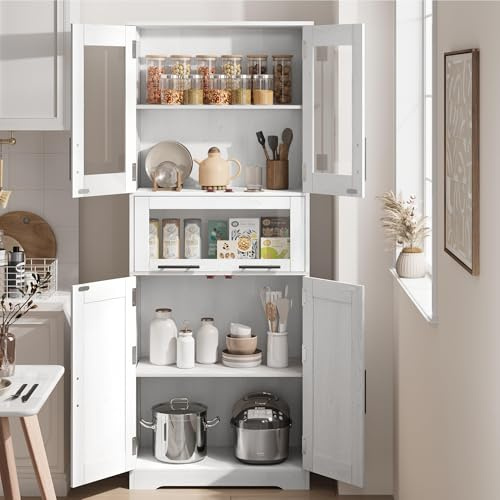 GarveeMore Badezimmerschrank, 170 cm Aufbewahrungsschrank mit verstellbaren Ablagen und Glastüren, moderner Schrank für kleine Räume Küche Badezimmer Wohnzimmer, Weiß