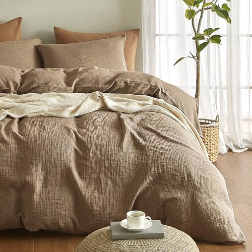 Bailix Premium Musselin Bettwäsche Sets 135x200 4 teilig 100% Baumwolle atmungsaktiv & bügelfrei 2er Bettbezüge 135x200cm + 2er Kissenbezüge 80x80cm Oeko-Tex Bettwäsche-Sets mit Knöpfe Braun