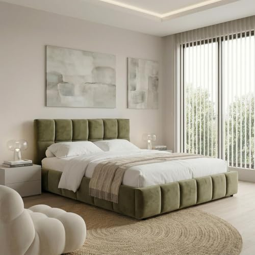 IDIMEX Polsterbett Emilia 140x200 cm, Grün - Bett mit Lattenrost, Bettgestell mit gepolstertem Kopfteil, Stoffbett mit moderner Steppung, Modernes Design und stabile Konstruktion