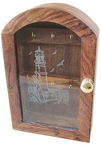 linoows Schlüsselkasten im Maritim Stil mit Glasfront und Leuchtturm Motiv aus Edelholz