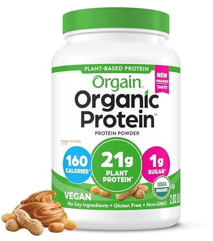 Orgain Organic Vegan Protein Powder, Peanut Butter - 21g Plant Protein, 7g Prebiotic Fiber, Low Net Carb, No Dairy Ingredients, No Added Sugar, for Shakes & Smoothies, 2.03 lb (Packaging May Vary)