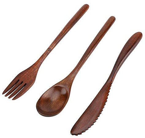 3-Teilig Bambus Besteck Set, Wiederverwendbares Besteck im japanischen Stil, Tragbarer Löffel, Gabel, Messer, für Zuhause Büro Schule Camping Reisen Geschenkideen, Aufbewahrungstasche Ausgeschlossen