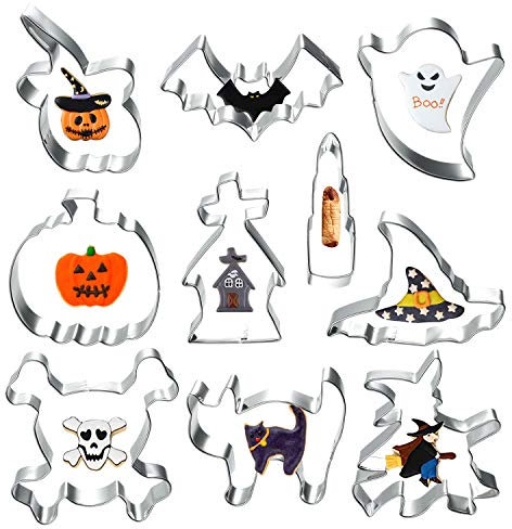 KOHMUI 10 Stück Halloween Ausstechformen, Halloween Ausstecher Set Cookie Cutters Mould Edelstahl - Kürbis, Fledermaus, Gespenst, Totenkopf, Hexenhut, Angstkatze, Grabstein, Hexe