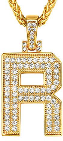 Suplight Simulated Diamond Chain for Men with Pendent, R Chain Necklace, Womens Mens Letter Pendant Necklaces, Rapper Bling Jewelery, Gold Plated Chain Initial Necklace