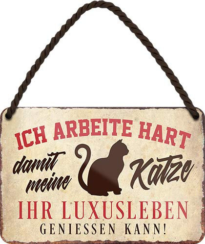 Blechschilder Lustiger Spruch “Ich arbeite hart Katze. Luxusleben“ Deko Hängeschild Türschild Metallschild Hauseingang Katzenschild Geschenkidee für alle Katzenbesitzer oder Katzenfans 18x12 cm
