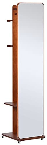 HOMCOM Miroir sur Pied avec roulettes - Portant, 4 patères étagère MDF Aspect Noyer