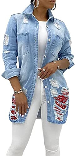 Jofemuho Womens Classic Long Jean Jacket Plus Size Loose Long Sleeve Button Down Denim Jacket Trench Coat, 3 Light Blue, Large