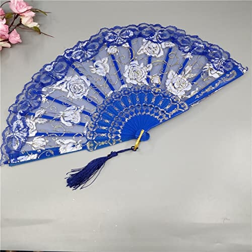 Hand Fans For Women Foldable, 2Pcs Navy Blue Lace Flower Folding Fan Elegant Plastic Large Handheld Hand Fans With Tassel Handmade Spanish Chinese Fan For Dancing Wedding Home Deco