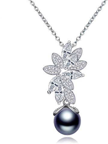 Skcess Halskette Damen, Schmuck Kette Damen Silber Zirkonia Blätter Perle Kupfer anhänger Halskette Länge 40+5cm