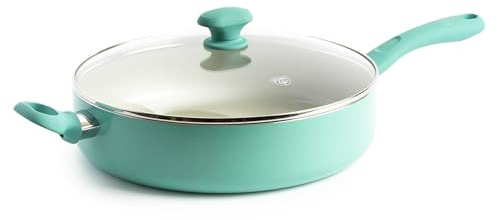 GreenLife Soft Grip Diamond gesunde Keramik-Antihaftbeschichtung, 5QT Sautepfanne Jumbokocher mit Helfergriff und Deckel, PFAS-frei, spülmaschinenfest, türkis
