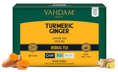 VAHDAM, Turmeric Ginger Tisana (30 Piramidales Bolsitas De Té) Libre De Cafeína | Cúrcuma Y Jengibre, 100% Pura Y Natural | Caliente, Frío O Como Kombucha