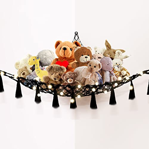 Macrame Boho Teddy Hammock for Stuffed Animals - Plush Toy Storage Net for Kid Room - Corner Hanging Holder for Teddies - Black