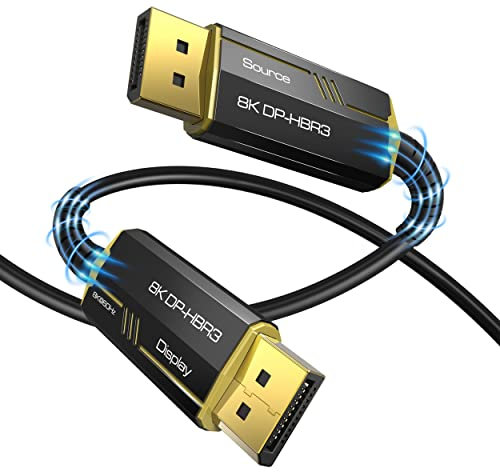 Cable DisplayPort Fibra Óptica 8K 15m, Cable DP 1.4 32.4Gbps Soporta 8K@60Hz, 4K@144 Hz, HDCP 2.2/3D/HDR para Monitor de juegos, Gaming, Tarjeta Gráfica, PC