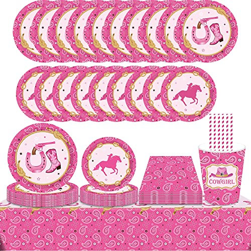 ZOOMPIL Cowgirl Partygeschirr - 70-teiliges Western Cowgirl Geburtstag Geschirr für 8 Gäste mit Pappbechern, Tellern, Strohhalmen und Servietten
