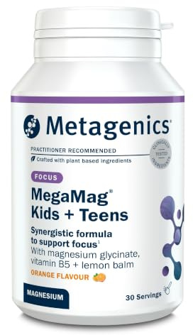 Metagenics MegaMag Kids + Teens, Magnesium Powder + Vitamins, 30 Servings | Orange flavoured blend with B vitamins, C, D3 & zinc to support normal bone health, cognitive function and immunity