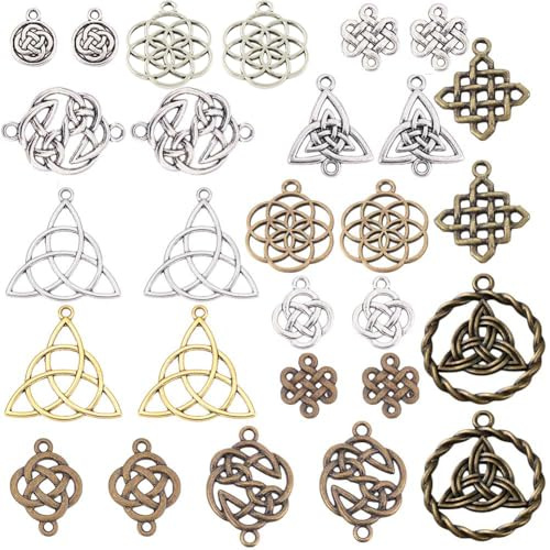 SUNNYCLUE 1 Box 56Pcs Knot Charms Celtic Knot Charm Irish Charms Trinity Linking Connetor Charm Knots Beads Tibetan Style Flat Round Alloy Charme for jewellery Making Charme Earrings DIY Supplies