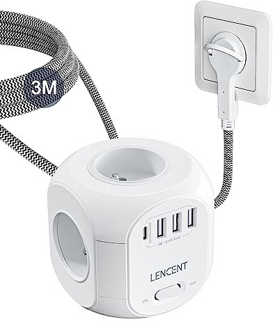 LENCENT Cube multiprise 3M avec 4 Prises AC, 3 USB et 1 Type C, Fiche Plate, Protection Contre Les surtensions pour rallonge électrique avec Interrupteur pour Cuisine, Bureau, Tressé Câble