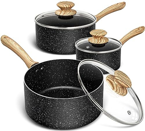 MICHELANGELO 14cm, 18cm, 20cm Saucepan Sets, Non Stick Saucepans Set, Saucepans with Lid 14cm, 18cm, 20cm, Cooking Pots Set with Lid & Ergonomic Bakelite Handle, Black