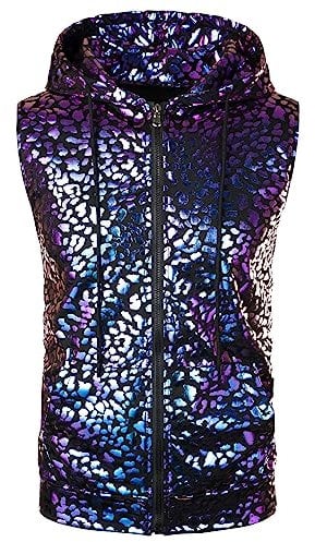 PARKLEES Herren Hipster Metallic Pailletten Reißverschluss Ärmellos Kapuzenweste T-Shirt mit Kängurutasche, Sv18-Lila, M