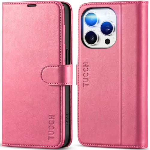 TUCCH Wallet Case for iPhone 15 Pro (6.1) 2023, PU Leather Magnetic Folio Book Case with [Card Slot][RFID Blocking] Kickstand, Shockproof TPU Folding Cover Compatible with iPhone 15 Pro 5G, Hot Pink