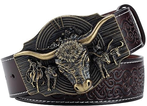 WYJRO Ledergürtel Herren, Herren Gürtel Western Cowboy, Jeansgürtel mit Longhorn-Stierkopf-Muster Schnalle Vintage-Gürtel mit geprägter Gravur,Braun,130CM/51.2''