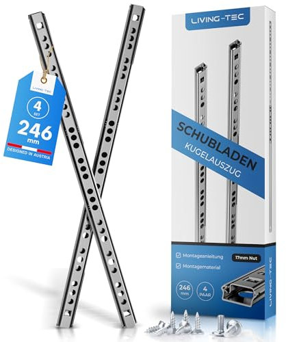 LIVING TEC® Schubladenschienen 246mm x 17mm Nut - 4Paar Gleitschiene inkl. Montageschrauben - Schubladenauszug - Schubladenauszüge - Auszugsschienen - Schienen für Schubladen Schienensystem - Auszüge