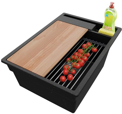 PRIMAGRAN Spülbecken Schwarz Metallic 38x53cm, Granitspüle 1 Becken + Ablauf-Set + Küchenzubehörset, Küchenspüle ab 40er Unterschrank - Oslo Pocket S022