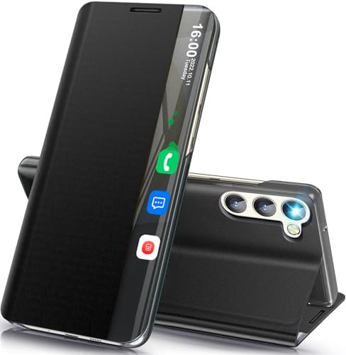 Samsung Galaxy S25 Handyhülle Klappbar, Dünn Flip Leder Hard PC Stoßfest Case Cover Mit Ständer, Clear View für S25 / S24 5G (Schwarz)