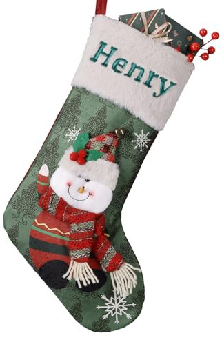 witfox Nikolausstrumpf personalisiert mit Namen Kinder- nikolausstiefel zum befüllen personalisiert aus Baumwolle Leinen mit 3D-Schneemann, Weihnachtsdeko für Familiee-Weihnachtselfe