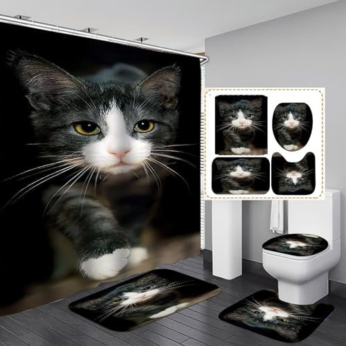 Duschvorhang Weiße Schwarze Katze Badezimmerteppich 4-Teiliges Set,Duschvorhang 180x180 Polyester+Badematte rutschfeste 50x80+U-Typ Teppich Wasseraufnahme Schmutzfangmatte+Toile Fußmatte
