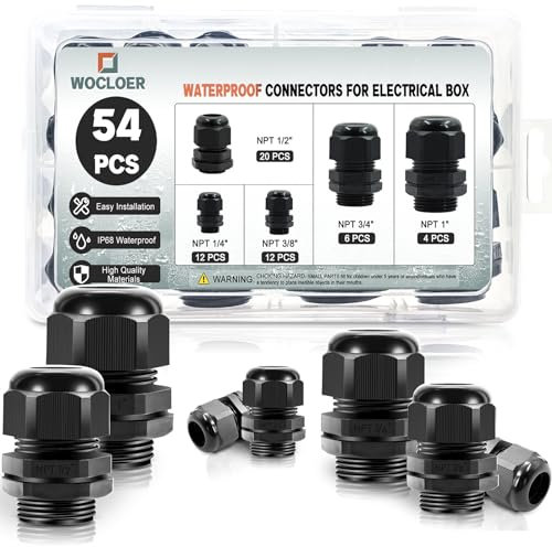 Wocloer 54 Pack Black NPT Cable Glands Kit IP68 Waterproof Adjustable Nylon Connectors 1/4 3/8 1/2 3/4 1 for Junction Electrical Box Cord Grip Strain Relief