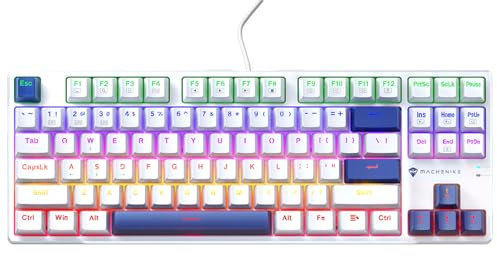 Machenike K500B 75% Mechanical Keyboard, 87 Keys TKL Compact Gaming Wired Keyboard, Hot Swappable Clicky Blue Switch, Rainbow LED Backlit, Double-Shot PBT Keycaps, White/Blue