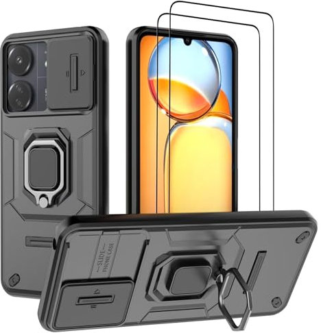 DERHAN Funda para Poco C65 / Xiaomi Redmi 13C (4G/5G), Carcasa con Cristal Templado [2 Piezas] + Cubierta de Lente [Protección de Cámara], Bumper Funda Resistente a Arañazos con Soporte - Negro