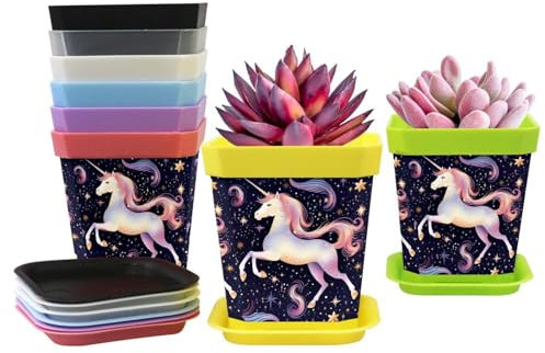 Lot de 8 pots de fleurs carrés avec soucoupe connectée, motif licornes et ciel étoilé, 7 x 8 x 5 cm