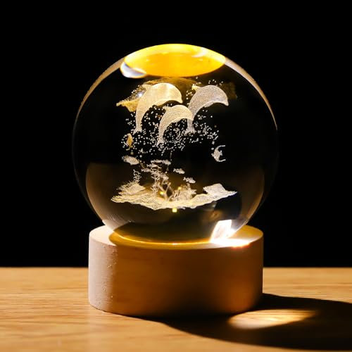Kristall-3D-Delfine, 6 cm, Kugelfigur, Geschenke für Frauen, Glas-Tierkunst für Zimmer mit Holz-Lichtsockel, Andenken für Delfin-Liebhaber, Heimdekoration, Briefbeschwerer