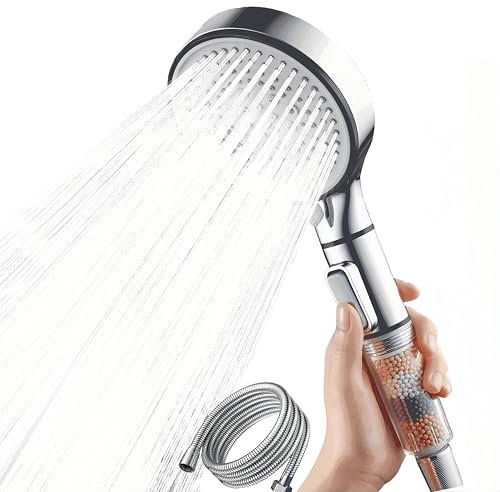 TLHWIN Cabezal de ducha ahorrador de agua, filtro de ducha de mano con piedra mineral y 5 tipos de chorro, cabezal de ducha presurizado con 3 capas de filtración (plata)