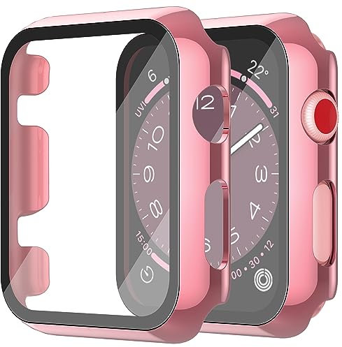 Piuellia Paquete de 2 protectores de pantalla de policarbonato con vidrio templado compatibles con Apple Watch Series 3 Series 2 de 38 mm, funda anticaídas ultrafina protección completa para iWatch, 1