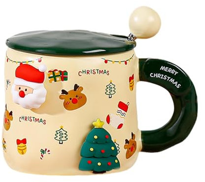 Keyubria 400ml Christmas Coffee Mug with Lid and Spoon, Novelty Christmas Ceramic Mug, Christmas Tea Cups Christmas Mug for Coffee Tea Milk