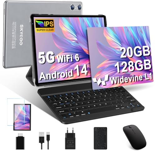 SKYEGG Tablet 10 Zoll Android 14 mit 20 GB RAM+128 GB ROM (Erweiterbar auf 1 TB), 5G WLAN 6,GPS, Widevine L1, Octa-Core, 5MP + 8MP, BT 5.0, FHD 1280 x 800, 6000mAh, Tablet mit Tastatur + Maus, Grau
