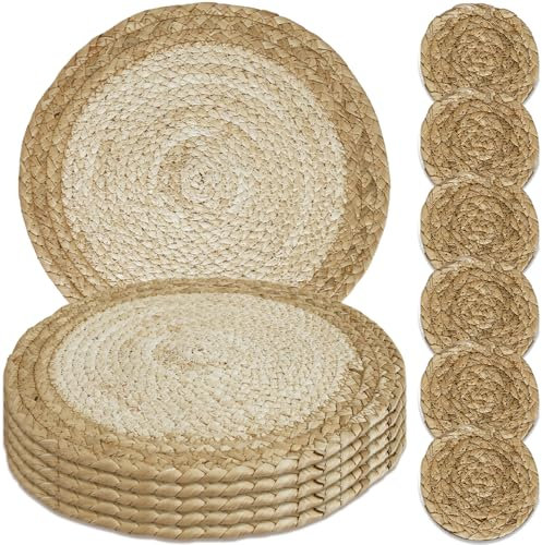 MI CASA Round Placemats and Coasters Set of 6, 30cm Water Hyacinth Table Mats Woven Wicker Table Place Mats, Natural Handmade Wooden Seagrass Kitchen Dining Table Mats for Dining Table, Home, Wedding