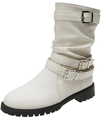 Stivali lunghi con tacco da donna larghi al polpaccio fibbia tacco grosso stivali alla moda stivali al ginocchio per donna polpaccio largo senza tacco, Beige, 40 EU