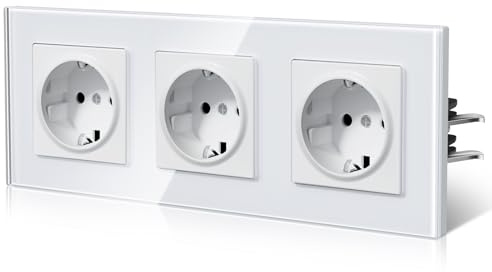 BSEED Steckdose aus Glas, EU-Standard Wandsteckdose mit Krallen, Einbausteckdose mit Kindersicherung, Einfach Montage, Neu E-Serie, 16A 250V,3 Fach,228mm Weiß